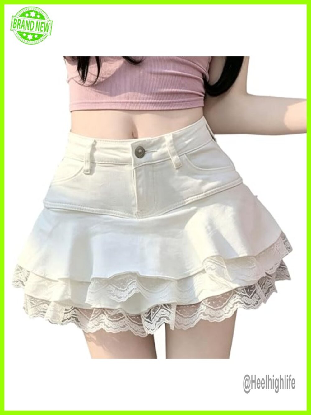 Lace Trim Denim Mini Skirt A-Line Pleated Ruffled Built-In Shorts